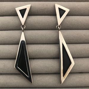 YANVAN STERLING SILVER AND BLACK LEATHER EARRINGS
